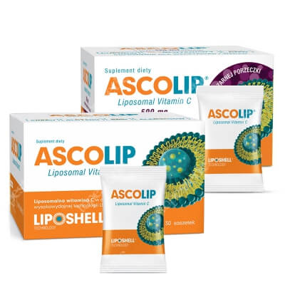 Ascolip Ascolip - Liposomal Vitamin C 1000 mg + Ascolip - Liposomal Vitamin C 500 mg ZESTAW Wysokowydajna liposomalna witamina C, 30x5 g + Liposomalna witamina C 500 mg o smaku czarnej porzeczki 30 x 5g