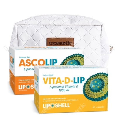 Ascolip Ascolip - Liposomal Vitamin C 1000 mg + Vita-D-LIP 1000 IU + Kosmetyczka ZESTAW Wysokowydajna liposomalna witamina C, 30x5 g + Liposomalna witamina D 30 saszetek + Biała, pikowana kosmetyczka