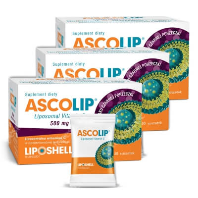 Ascolip Ascolip - Liposomal Vitamin C 500 mg x 3 ZESTAW Liposomalna witamina C 500 mg o smaku czarnej porzeczki 3 x 30 x 5g