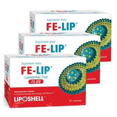 Ascolip Fe-Lip Liposomal Iron - 3 Pack ZESTAW Liposomalne żelazo 20 mg o smaku truskawki 3x 30 saszetek