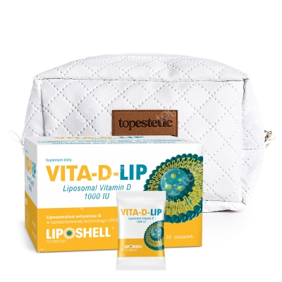 Ascolip Vita-D-LIP 1000 IU + Kosmetyczka ZESTAW Liposomalna witamina D 30 saszetek + Biała, pikowana kosmetyczka
