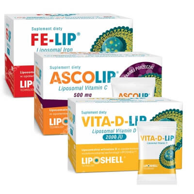 Ascolip Vita-D-LIP 2000 IU + Vitamin C 500 mg + Liposomal Iron ZESTAW Witamina D 30 saszetek + Witamina C 500 mg o smaku czarnej porzeczki 30 x 5g + Żelazo 20 mg o smaku tru