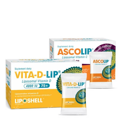 Ascolip Vita-D-LIP 4000 IU 75+ + Ascolip - Liposomal Vitamin C 500 mg ZESTAW Liposomalna witamina D 30 saszetek + Liposomalna witamina C 500 mg o smaku czarnej porzeczki 30 x 5g