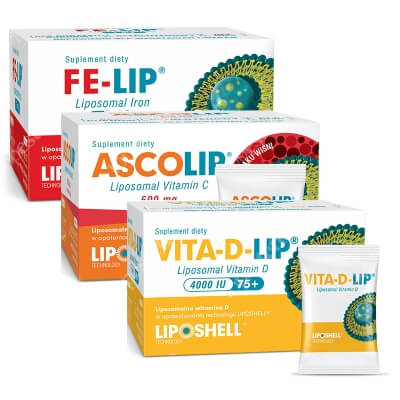 Ascolip Vita Set ZESTAW Witamina D 30 saszetek + Żelazo 7 mg o smaku truskawki 30 saszetek + Witamina C 500 mg o smaku wiśni 3