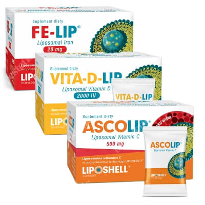 Ascolip Vitamin C 500 mg + Liposomal Iron + Vita-D-LIP 2000 IU ZESTAW Witamina C 500 mg o smaku wiśni 30 x 5g + Żelazo 20 mg o smaku truskawki 30 saszetek + Witamina D 30 saszetek