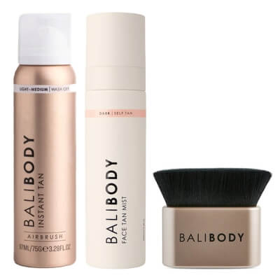 Bali Body Body Blending Brush + Instant Tan Light - Medium + Face Tan Mist Dark ZESTAW Pędzel do aplikacji sprayu 1 szt + Spray (Light-Medium) 97 ml + Mgiełka samoopalająca do twarzy (Dark) 100 ml