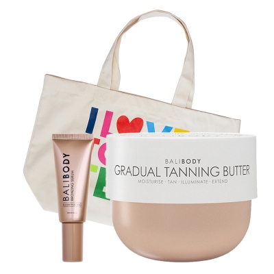 Bali Body Bronzing Serum + Gradual Tanning Butter + Plażowa Torba I Love Topestetic ZESTAW Serum brązujące do twarzy 30 ml + Masełko do ciała ze stopniowym efektem opalenizny 225 g + Torba 1 szt