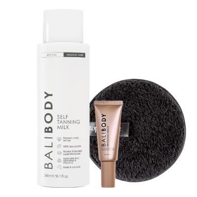 Bali Body Bronzing Serum + Self Tanning Milk + Gąbka do Demakijażu ZESTAW Serum brązujące do twarzy 30 ml + Mleczko samoopalające do ciała 240 ml + Gąbka 1 szt