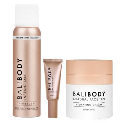Bali Body Instant Tan Medium - Dark + Bronzing Serum + Gradual Face Tan ZESTAW Spray Medium-Dark 97 ml + Serum brązujące do twarzy 30 ml + Nawilżający krem do twarzy ze stopniowym efektem opalania 50 ml