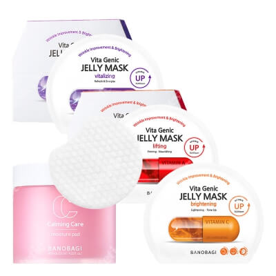 Banobagi Calming Care Moisture Pad + Jelly Masks ZESTAW Łagodzące płatki nawilżające 60 szt. + Maseczki - odżywienie, lifting, rozjaśnienie 1 szt x 3