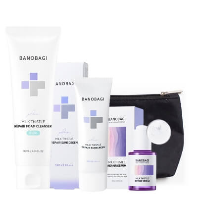 Banobagi Foam Cleanser + Repair Serum + Repair Sunscreen Plus SPF 45 PA+++ ZESTAW Pianka 120 ml + Serum 30 ml + Krem łagodzący z filtrem 50 ml + Kosmetyczka 1 szt