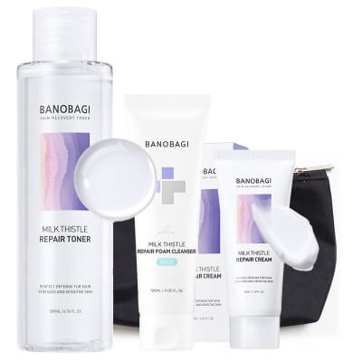 Banobagi Foam Cleanser + Repair Toner + Repair Cream ZESTAW Pianka 120 ml + Tonik naprawczy, kojący 200 ml + Krem naprawczy 50 ml + Kosmetyczka 1 szt