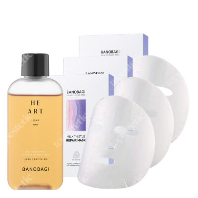 Banobagi Heart Leaf 100 Essence + Milk Thistle Repair Mask x 3 ZESTAW Esencja kojąca 150 ml + Maska w płachcie dla skór wrażliwych x 3