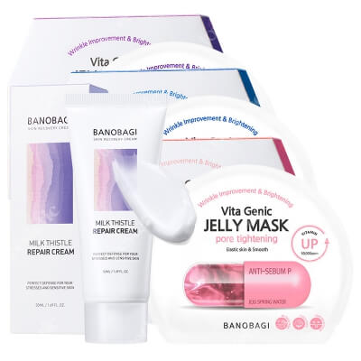 Banobagi Milk Thistle Repair Cream + Vita Genic Jelly Mask Mix ZESTAW Krem dla skór wrażliwych 50 ml + Maseczki w płachcie - nawilżenie, łagodzenie i odżywienie 3 x 1 szt