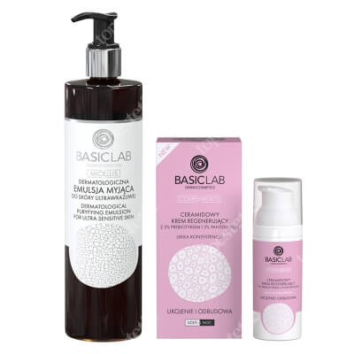 BasicLab Dermatological Puryfing Emulsion + Ukojenie I Odbudowa ZESTAW Emulsja myjąca do skóry ultrawrażliwej 300 ml + Ceramidowy krem regenerujący z 5% prebiotykiem i 3% pantenolem 50 ml