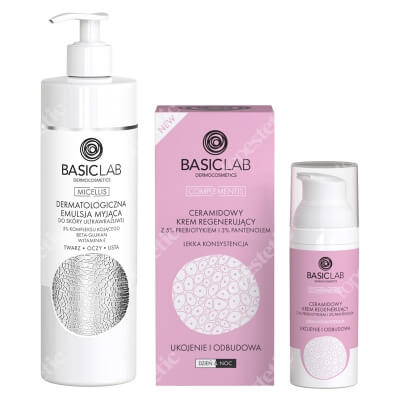 BasicLab Dermatological Puryfing Emulsion + Ukojenie I Odbudowa ZESTAW Emulsja myjąca do skóry ultrawrażliwej 300 ml + Ceramidowy krem regenerujący z 5% prebiotykiem i 3% pantenolem 50 ml