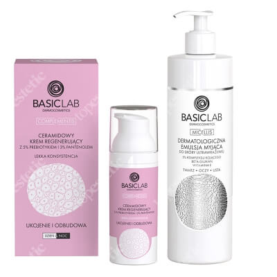 BasicLab Dermatological Puryfing Emulsion + Ukojenie I Odbudowa ZESTAW Emulsja myjąca do skóry ultrawrażliwej 300 ml + Ceramidowy krem regenerujący z 5% prebiotykiem i 3% pantenolem 50 ml