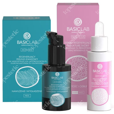 BasicLab Nawilżenie i Wygładzenie + Sprężystość i Odbudowa ZESTAW Regenerujący peeling kwasowy 30 ml + Serum regenerujące strukturę skóry z ceramidami 1%, 30 ml