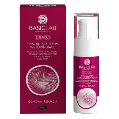 BasicLab Odnowa i Redukcja Stymulujące serum wyrównujące, 0,3% estru kwasu adapalenu, 5% kompleksu polipeptydu kolagenowego, 0,25% PDRN 30 ml