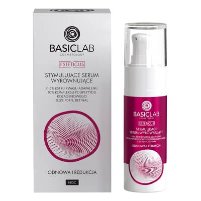 BasicLab Odnowa i Redukcja Stymulujące serum wyrównujące, 0,5% estru kwasu adapalenu, 10% kompleksu polipeptydu kolagenowego, 0,5% PDRN, retinal 30 ml