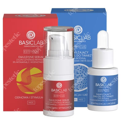 BasicLab Odnowa i Stymulacja ZESTAW Nawilżający żel do twarzy 15 ml + Serum 0,3% retinolu , 3% witaminy C i koenzymem Q10, 1