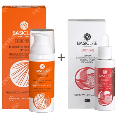 BasicLab Odnowa, Stymulacja i Antyoksydacja ZESTAW Serum z czystym retinolem 2%, 30 ml + Lekki krem ochronny SPF 50+, 50 ml