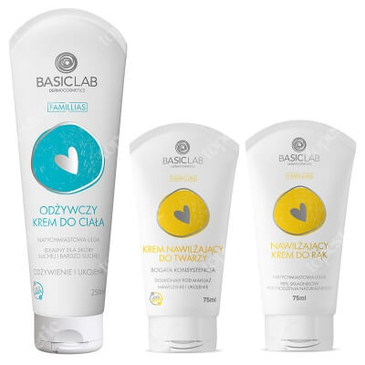 BasicLab Odżywienie i Regeneracja ZESTAW Krem nawilżający do twarzy - bogata konsystencja 75 ml + Nawilżający krem do rąk 75 ml + Odżywczy krem do ciała 250 ml