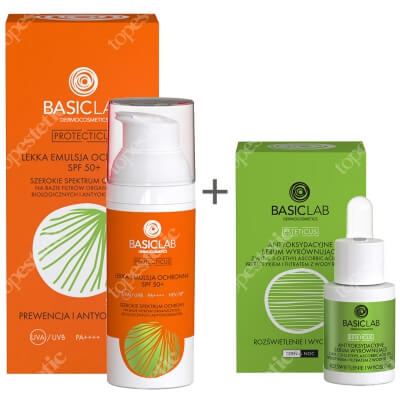 BasicLab Pielęgnacja Skóry Normalnej, Mieszanej i Tłustej ZESTAW Lekka emulsja ochronna SPF50+ 50 ml + Specjalistyczne serum z witaminą C 15% 15 ml