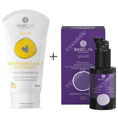 BasicLab Pielęgnacja Skóry Suchej ZESTAW Krem nawilżający do twarzy - bogata konsystencja 75 ml + Stymulujący peeling kwasowy 30 ml