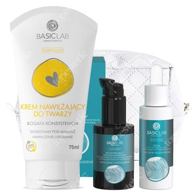 BasicLab Pielęgnacja Skóry Suchej ZESTAW Regenerujący peeling kwasowy 30 ml + Serum z witaminą C 15%, 30 ml + Krem nawilżający 75 ml + Kosmetyczka