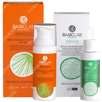 BasicLab Prewencja i Antyoksydacja + Redukcja i Zwężenie ZESTAW Emulsja ochronna SPF50+ + Serum zmniejszające niedoskonałości z niacynamidem 10%, 30 ml