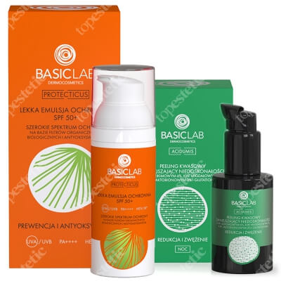 BasicLab Prewencja i Antyoksydacja + Redukcja i Zwężenie ZESTAW Lekka emulsja ochronna SPF50+ do cery tłustej i mieszanej 50 ml + Peeling kwasowy zmniejszający niedoskonałości 30 ml