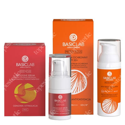 BasicLab Prewencja i Antyoksydacja SPF 50+ + Odnowa i Stymulacja ZESTAW Lekki krem ochronny 50 ml + Serum 0,3% retinolu , 3% witaminy C i koenzymem Q10, 15 ml