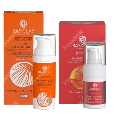 BasicLab Prewencja i Antyoksydacja SPF 50+ + Odnowa i Stymulacja ZESTAW Lekki krem ochronny 50 ml + Serum 0,3% retinolu , 3% witaminy C i koenzymem Q10, 15 ml