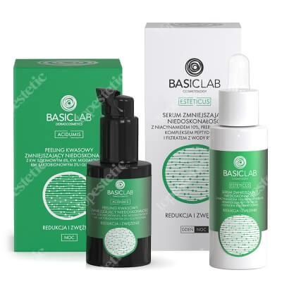 BasicLab Redukcja i Zwężenie Porów ZESTAW Peeling kwasowy zmniejszający niedoskonałości 30 ml + Serum zmniejszające niedoskonałości z niacynamidem 10%, 30 ml
