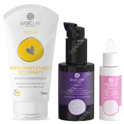 BasicLab Regeneracja i Ujędrnienie ZESTAW Serum regenerujące 15 ml + Stymulujący peeling kwasowy 30 ml + Krem nawilżający bogata konsystencja 75 ml