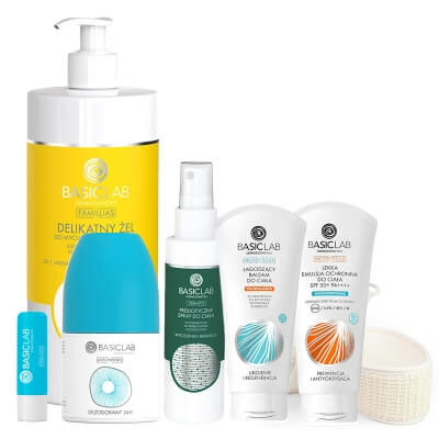 BasicLab Total Body Care ZESTAW Żel 500 ml + Emulsja ochronna 100 ml + Dezodorant 1 szt. + Balsam po opalaniu 100 ml + Spray 100 ml + Pomadka 4g + Pas do ciała 1 szt.