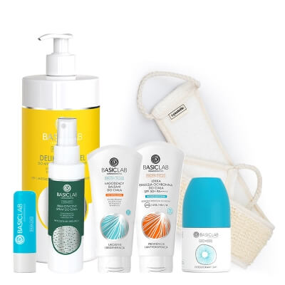 BasicLab Total Body Care ZESTAW Żel 500 ml + Emulsja ochronna 100 ml + Dezodorant 1 szt. + Balsam po opalaniu 100 ml + Spray 100 ml + Pomadka 4g + Pas do ciała 1 szt.