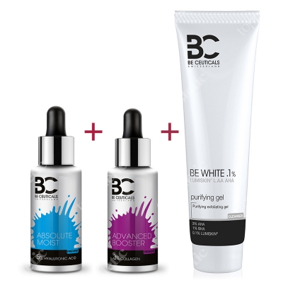 Be Ceuticals Zestaw Nawilżenie ZESTAW Kwas hialuronowy + Peptydy 30 ml + Zaawansowane wzmocnienie - Kolagen i kwas hialuronowy 30 ml + Peelingujący żel o