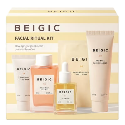 Beigic Facial Ritual Kit ZESTAW Maska ​​do twarzy 15 ml + Esencja do twarzy 30 ml + Olejek do twarzy 10 ml + Maska w płacie 1 szt + Żel do mycia twarzy 30 ml