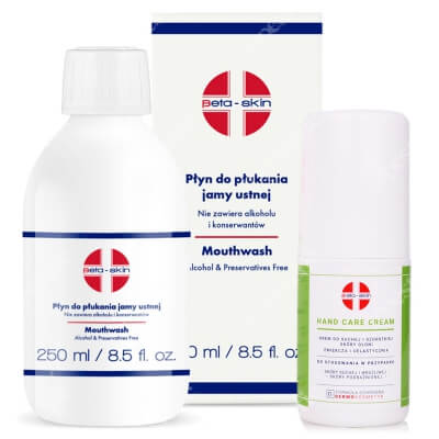 Beta Skin Mouthwash + Hand Care Cream ZESTAW Płyn do higieny jamy ustnej z cynkiem i srebrem 250 ml + Krem do suchej i szorstkiej skóry dłoni 75 ml