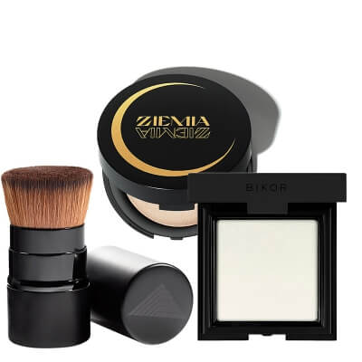 Bikor Glass Skin Effect ZESTAW Puder Transparentny Tokyo 8 g + Pędzel do pudru Oslo + Ziemia rozświetlająca 10 g