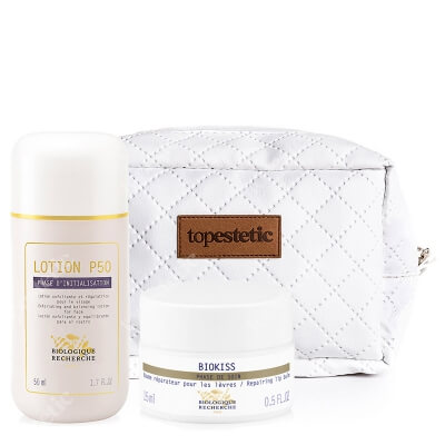 Biologique Recherche Lotion P50 + Biokiss ZESTAW Złuszczający lotion do skóry tłustej 50 ml + Odżywczy balsam do ust 15 ml + Kosmetyczka