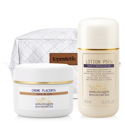 Biologique Recherche Lotion P50W + Creme au Placenta + Kosmetyczka ZESTAW Złuszczający lotion p50W do skóry wrażliwej 150 ml + Regenerujący krem z placentą 50 ml + Biała, pikowana kosmetyczka