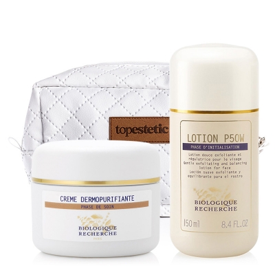Biologique Recherche Lotion P50W + Creme Dermopurifiante + Kosmetyczka ZESTAW Złuszczający lotion p50W do skóry wrażliwej 150 ml + Oczyszczający krem do cery trądzikowej 50 ml + Biała, pikowana kosmetyczka