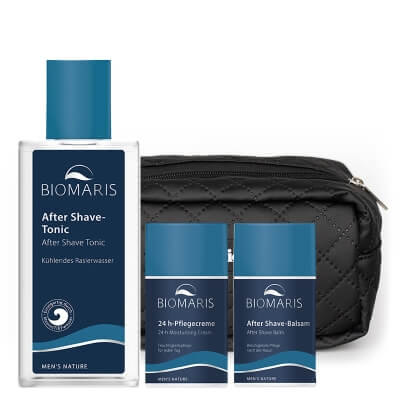 Biomaris Men's After Shave Set ZESTAW Chłodzący tonik 100 ml + Balsam łagodzący 50 ml + Krem nawilżający 50 ml + Kosmetyczka 1 szt
