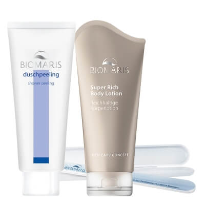 Biomaris Shower Peeling + Super Rich Body Lotion ZESTAW Peeling pod prysznic 200 ml + Odżywczy balsam do ciała do skóry dojrzałej 200 ml + Pilnik 1 szt