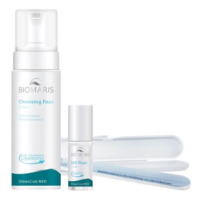 Biomaris SOS Fluid Clear  + Cleansing Foam Clear ZESTAW Roll-on punktowy na niedoskonałości 5 ml + Głęboko oczyszczająca pianka do twarzy 150 ml + Pilnik 1 szt