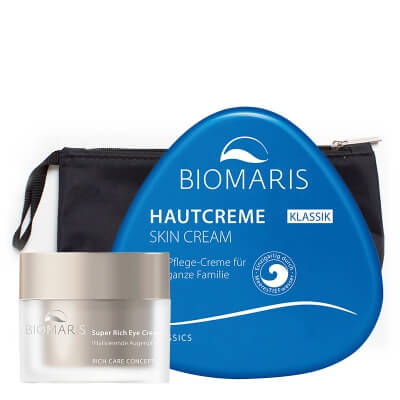 Biomaris Super Rich Eye Cream + Skin Cream Classik ZESTAW Krem pod oczy z masłem shea, bezzapachowy 15 ml + Krem ochronny z wodą morską 250 ml + Kosmetyczka 1 szt