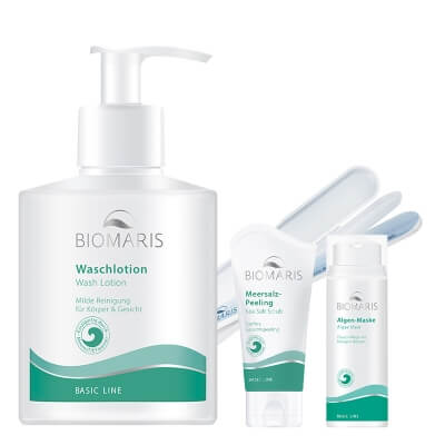 Biomaris Wash Lotion + Sea Salt Scrub + Algae Mask ZESTAW Łagodny żel myjący 300 ml + Peeling enzomechaniczny 50 ml + Maska algowa 50 ml + Pilnik 1 szt